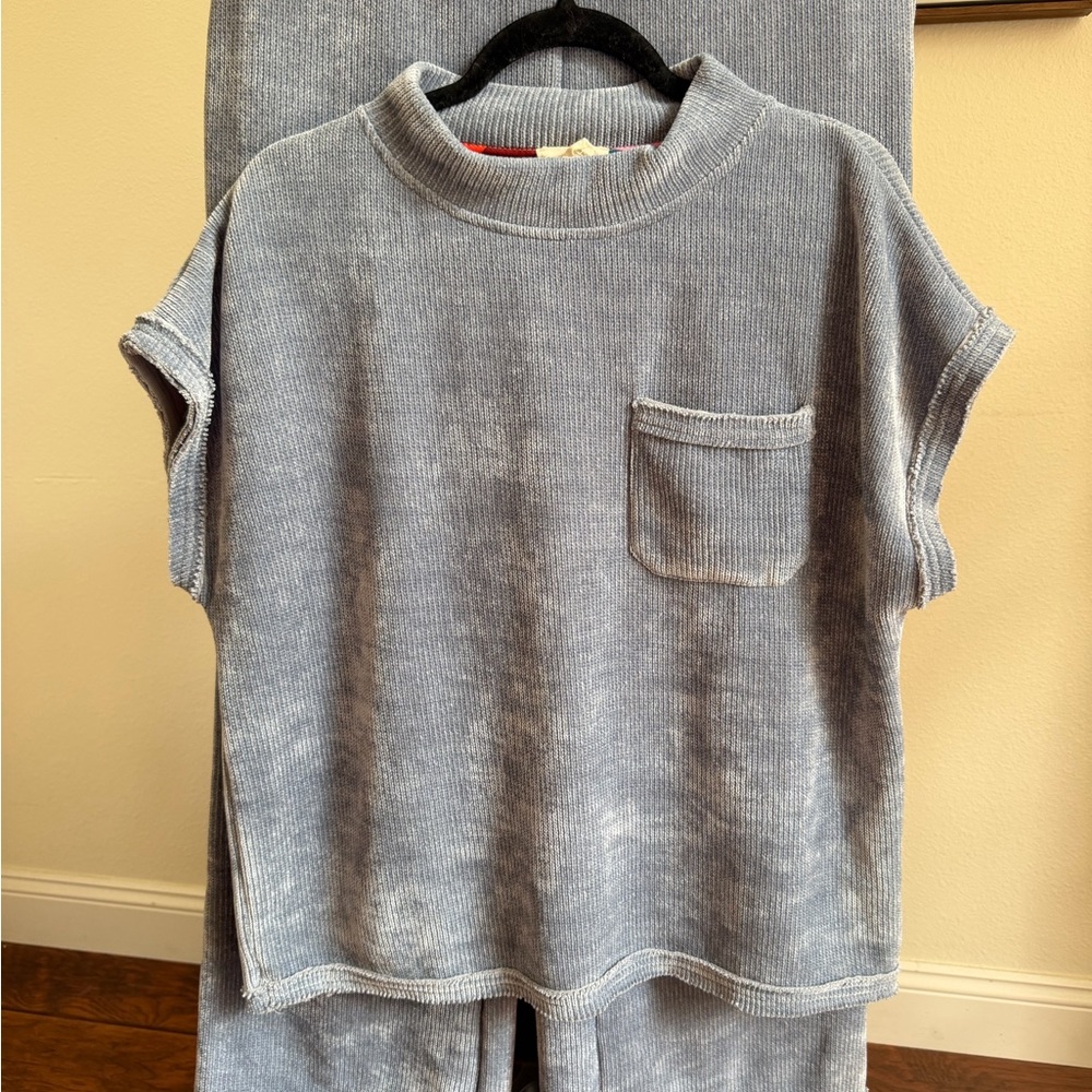 Umgee Ribbed Knit Lounge Set Blue Short Sleeve Top Wide Leg Pants L